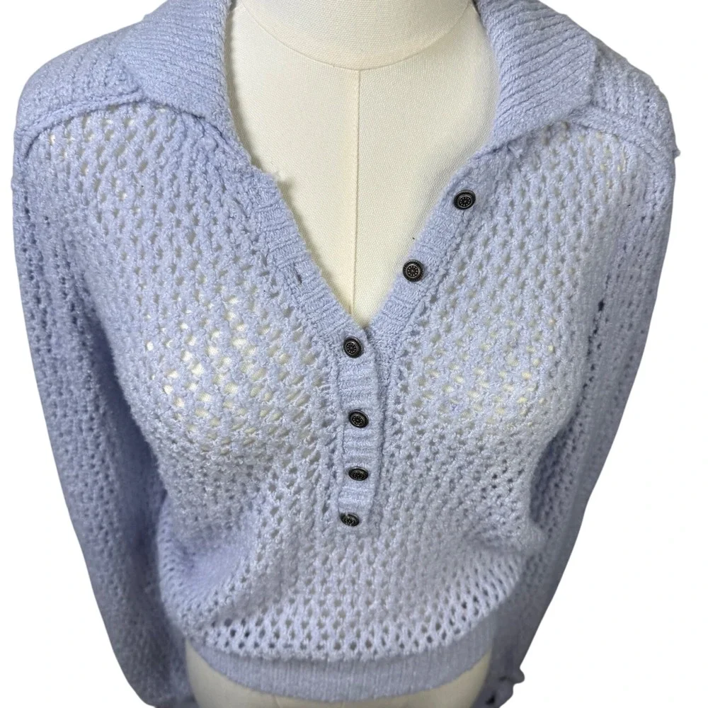 NWT Free People We The Free Crochet Sweater‎ Henley Long Sleeve Boho Coastal S